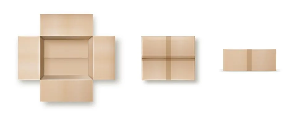 Box. Empty open and closed cardboard box. Realistic cardboard box mockup set Illustrazione stock