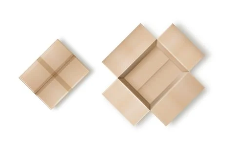 Box. Empty open and closed cardboard box. Realistic cardboard box mockup set イラスト素材