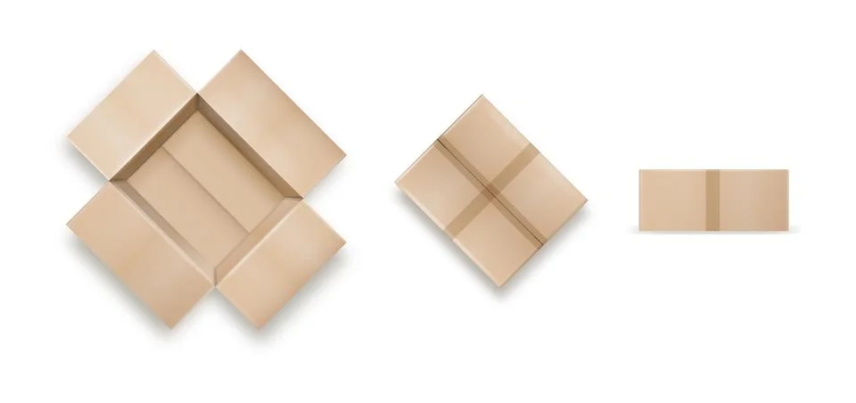 Box. Empty open and closed cardboard box. Realistic cardboard box mockup set Stock Illustration