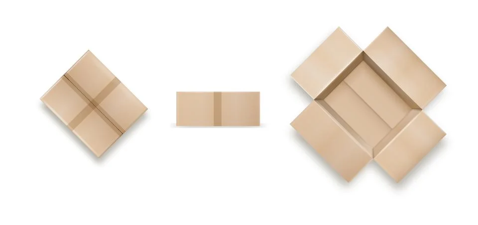 Box. Empty open and closed cardboard box. Realistic cardboard box mockup set Stock Illustration