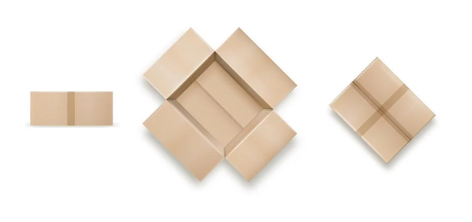 Box. Empty open and closed cardboard box. Realistic cardboard box mockup set Illustrazione stock