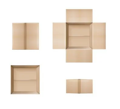 Box. Empty open and closed cardboard box. Realistic cardboard box mockup set Illustrazione stock