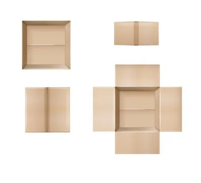 Box. Empty open and closed cardboard box. Realistic cardboard box mockup set Illustrazione stock