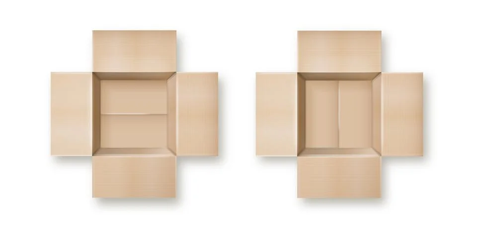 Box. Empty open and closed cardboard box. Realistic cardboard box mockup set Stock Illustration