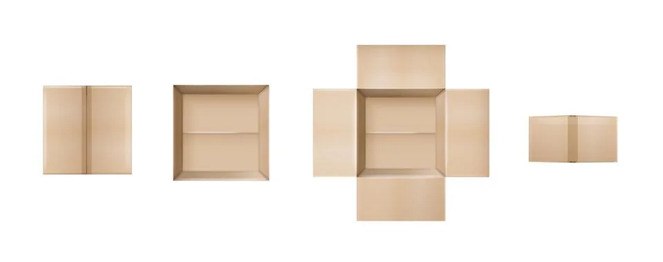 Box. Empty open and closed cardboard box. Realistic cardboard box mockup set Stock Illustration