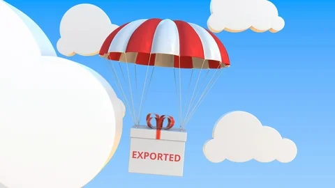 Box with EXPORTED text falls with a parachute. Loopable conceptual 3D animation Stock Footage 123534870