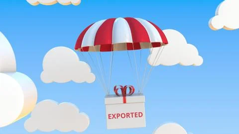Box with EXPORTED text falls with a parachute. Conceptual 3D rendering イラスト素材