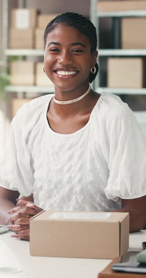 Box, face and shipping with black woman and small business for delivery Stock Footage 332039459