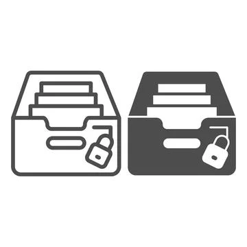 Box with files, arhival documents and lock line and solid icon, security concept 스톡 일러스트