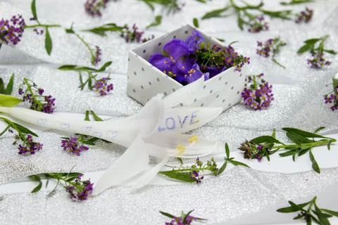 The box is filled with purple flowers on the surface covered Stock Photos