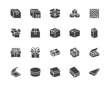 Box flat glyph icon set. Carton, wood boxes, product package, gift vector Stock Illustration