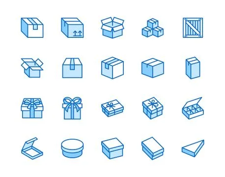Box flat line icon set. Carton, wood boxes, product package, gift vector Stock Illustration