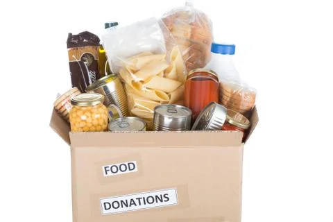 Box of food to donate Stock-Fotos