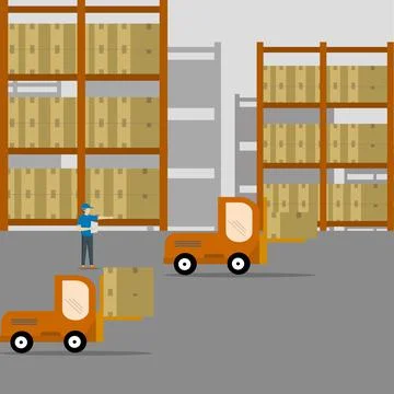 Box forklift trucks to be placed in warehouse hangar interiors Illustrazione stock