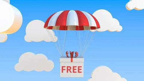 Box with FREE text falls with a parachute. Loopable conceptual 3D animation Stock Footage 123401584