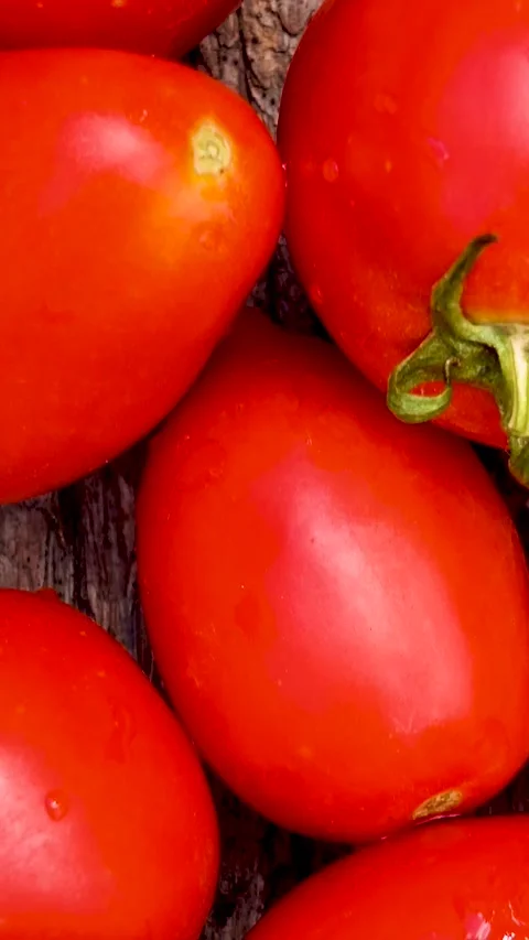 Box with fresh red tomatoes on the background of firewood. 库存影片 335145285