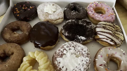 Box of freshly baked doughnuts Stock Footage 328948766