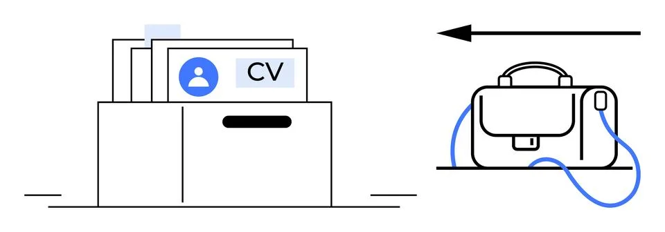 Box full of CVs and an arrow pointing to a briefcase. Ideal for job applicati Ilustração Stock