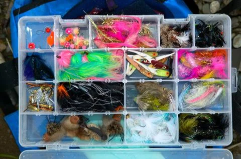 Box full of fish flies Foto stock