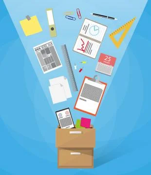 Box full of office supplies Illustrazione stock