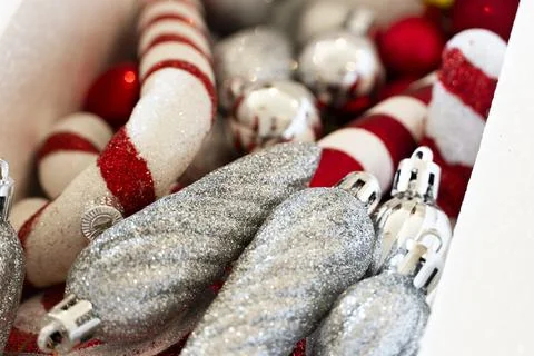 Box full of various christmas tree toys close up Stock Photos