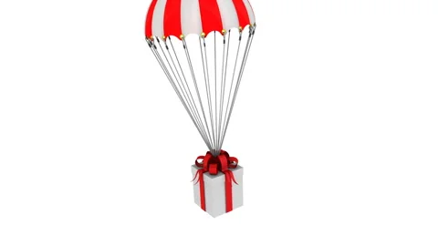 Box with a gift flying on a parachute Stockbeeldmateriaal 132280955