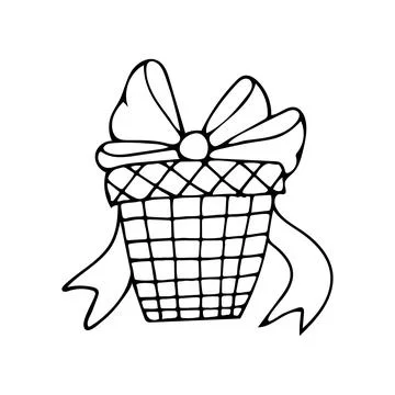 Box gift line art. Present in wrapping paper with a bow tied with a ribbon. P Stock Illustration