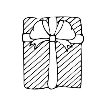 Box gift line art. Present in wrapping paper with a bow tied with a ribbon. P Stock Illustration