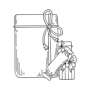 Box gift line art. Present in wrapping paper with a bow tied with a ribbon. P Stock Illustration