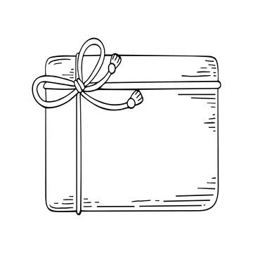 Box gift line art. Present in wrapping paper with a bow tied with a ribbon. P Stock Illustration