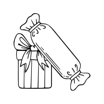 Box gift line art. Present in wrapping paper with a bow tied with a ribbon. P Stock-Illustration