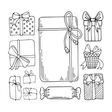 Box gift line art. Present in wrapping paper with a bow tied with a ribbon. P Stock Illustration