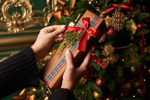Box with a gift, a red red bow in female hands on the background of a beautiful  Stock Photos