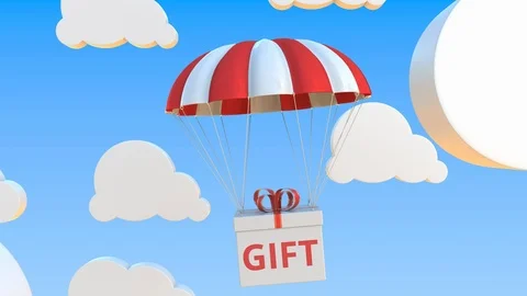 Box with GIFT text falls with a parachute. Loopable conceptual 3D animation Stock Footage 123343783