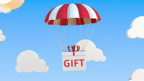 Box with GIFT text falls with a parachute. Conceptual 3D rendering Stock Illustration