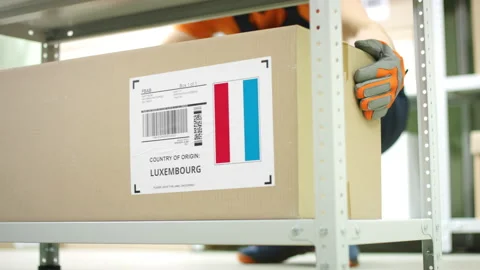 Box with goods from Luxembourg in a storage Stock Footage 146525751