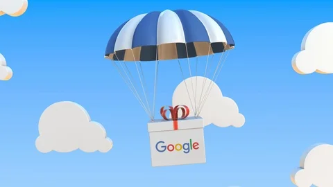 Box with GOOGLE logo falls with a parachute. Editorial loopable 3D animation Stock Footage 122777268