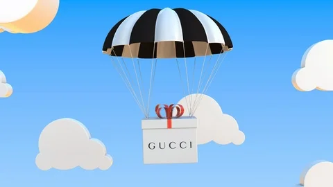 Box with GUCCI logo falls with a parachute. Editorial loopable 3D animation Stock Footage 122776864