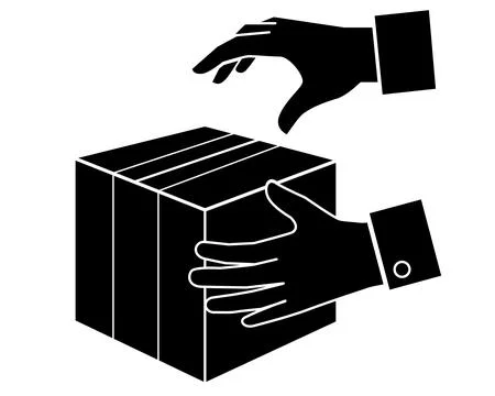 Box in hands, closed box in hands, unpacking a parcel – vector silhouette Illustrazione stock