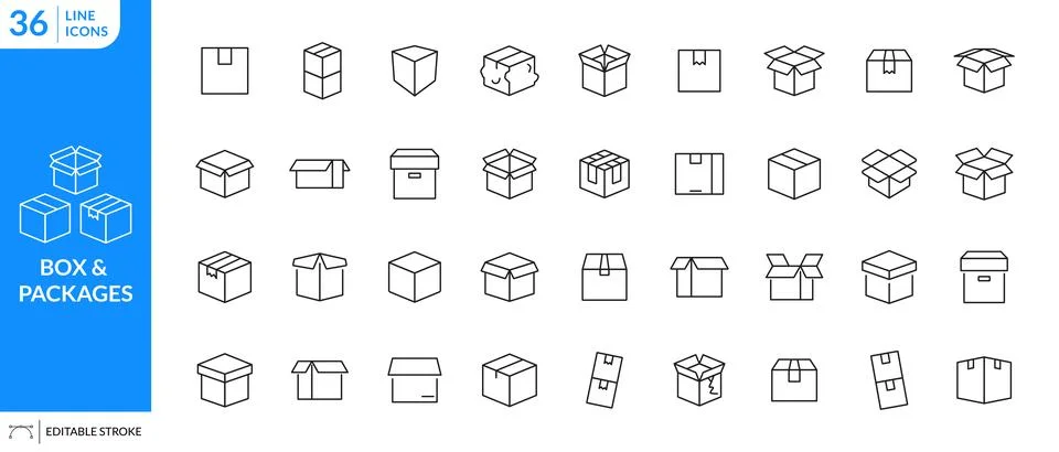 Box icon set. Package, delivery boxes, cargo distribution, shipping box Stock Illustration