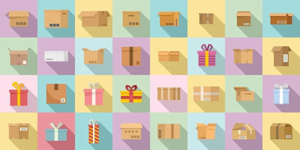 Box icons set flat vector. Gift present Stock Illustration
