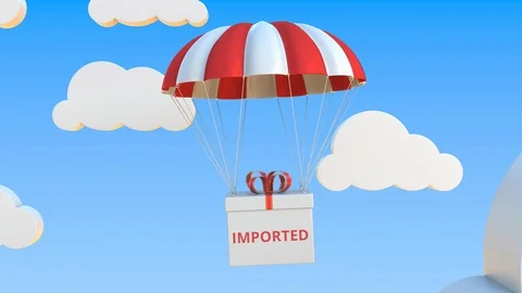 Box with IMPORTED text falls with a parachute. Loopable conceptual 3D animation Stock Footage 123209878