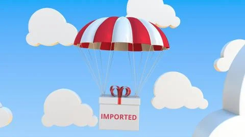 Box with IMPORTED text falls with a parachute. Conceptual 3D rendering 스톡 일러스트