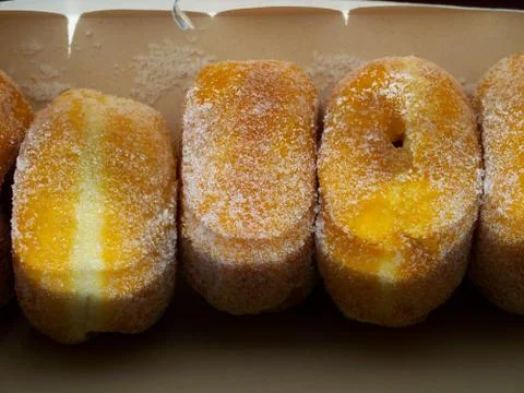 A box of Jam Donuts Closeup Foto stock