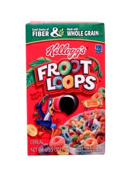 Box of kellogg's fruit loops cereal Stock Photos