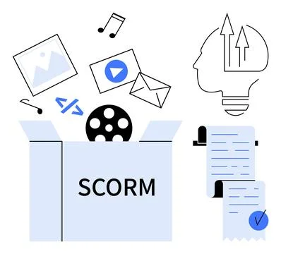 Box labeled SCORM with media elements like images videos emails and coding. B Stock Illustration