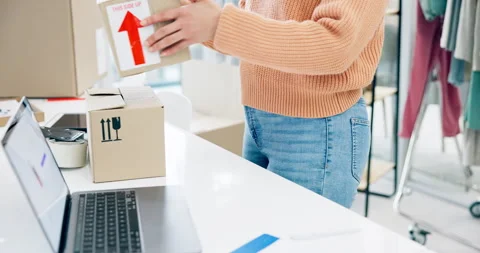 Box, laptop and hands, package for delivery with service and ecommerce, small Stock Footage 249322048