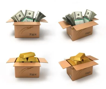 Box with large dollars bills and gold bullions 3d render on white background Stock Illustration