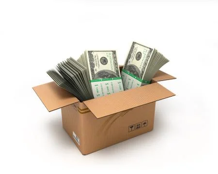 Box with large dollars bills isolated on white background Stock Illustration