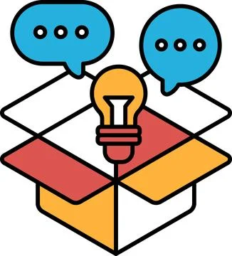 A box with a light bulb inside and two speech bubbles on top of it Stock Illustration